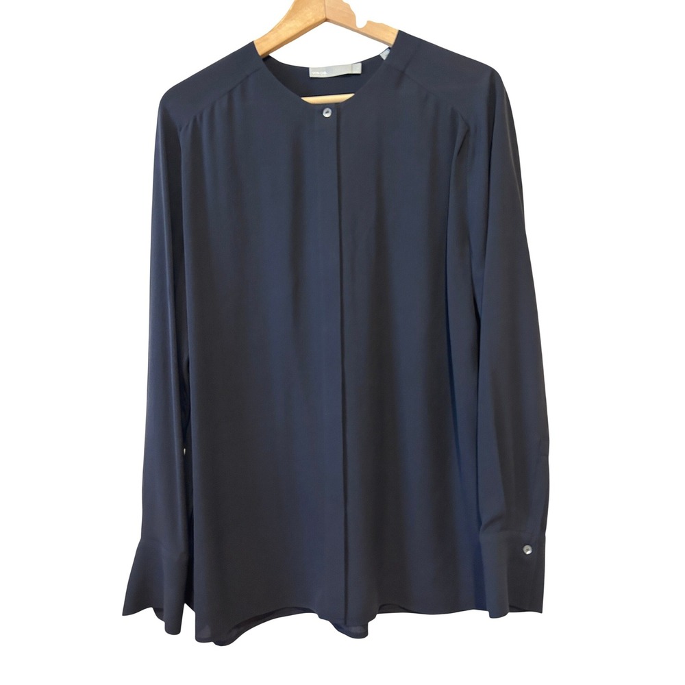 Vince Blouse Sz L Black 100% Silk Hidden Button Front Career Minimalist Staple